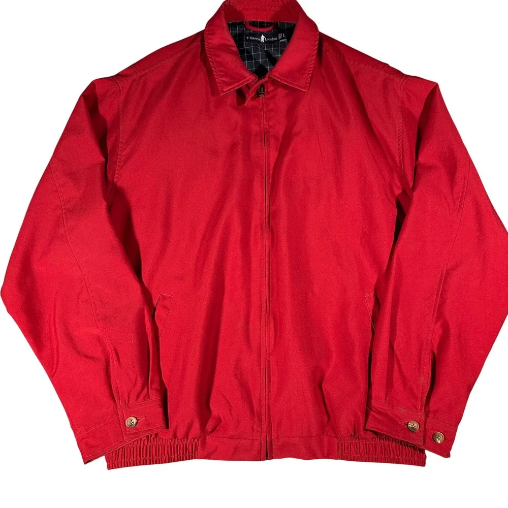 T-Harris‎ London Mens Red Harrington Windbreaker Jacket Full Zip Grid Lining L